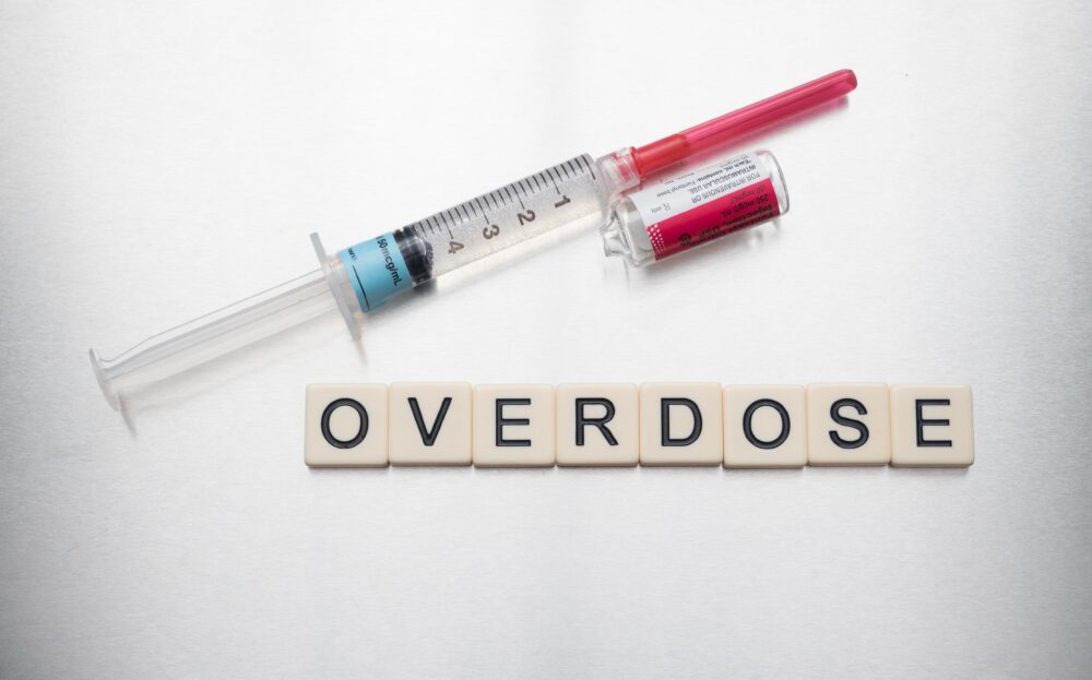 fentanyl syringe next to the word overdose