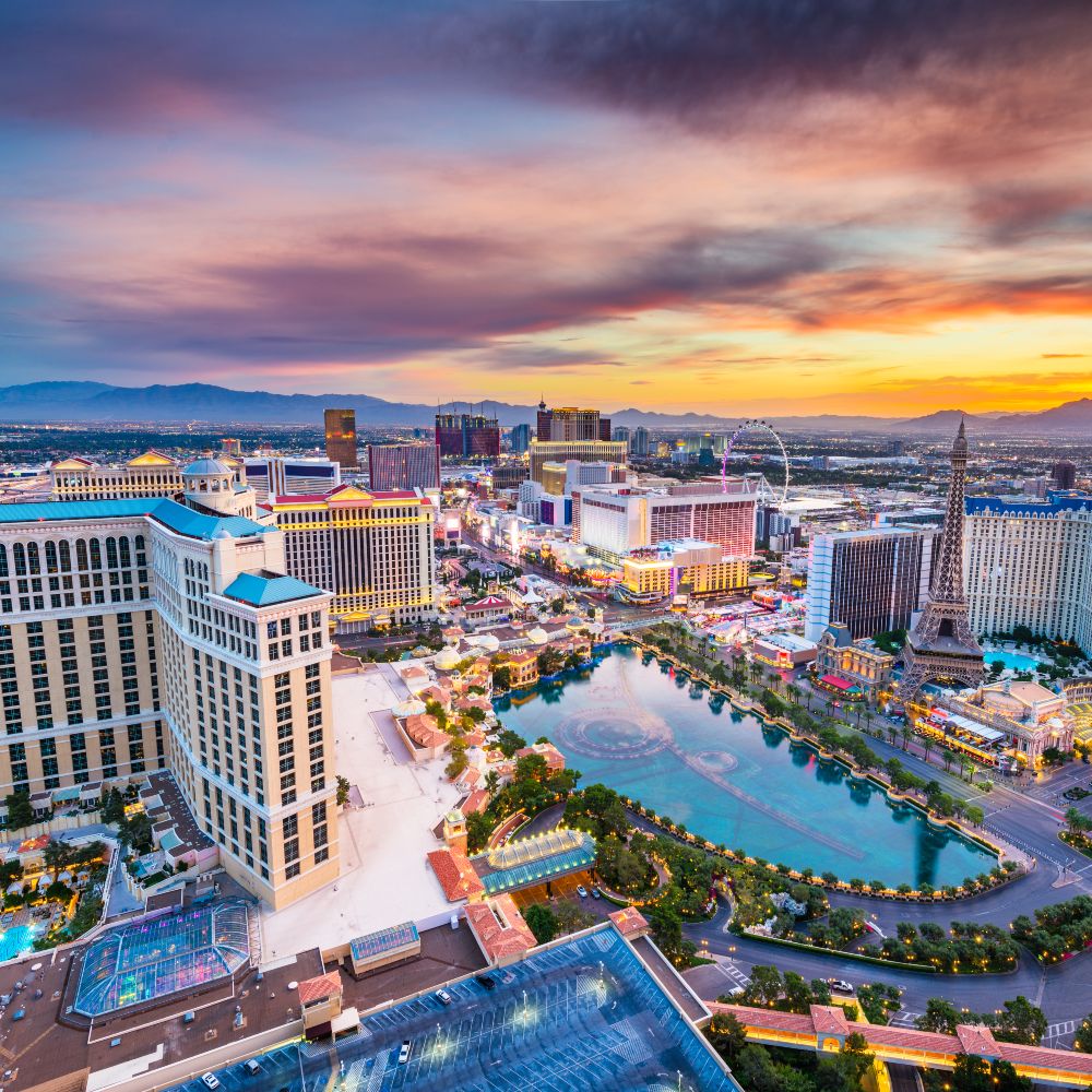 Las Vegas, Nevada, USA skyline over the strip at dusk.