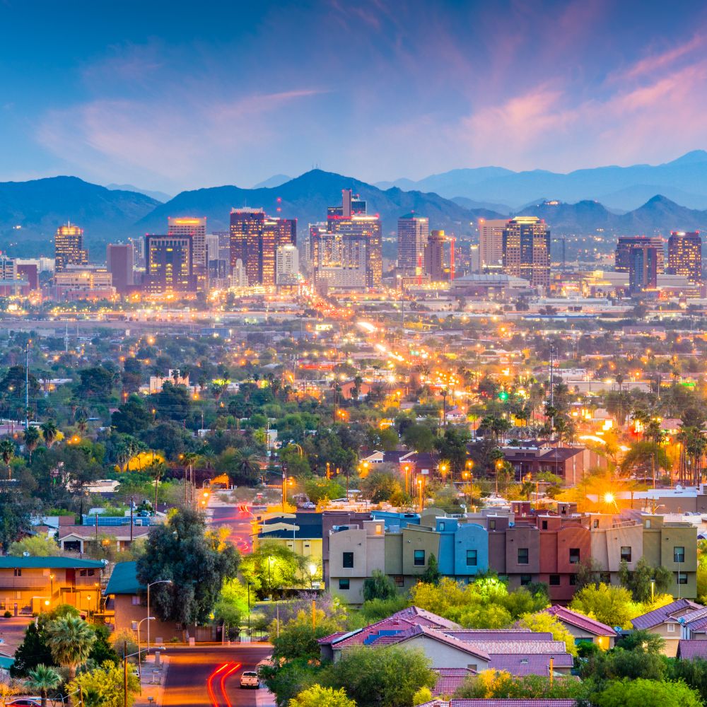 Phoenix, Arizona, USA downtown cityscape at dusk.