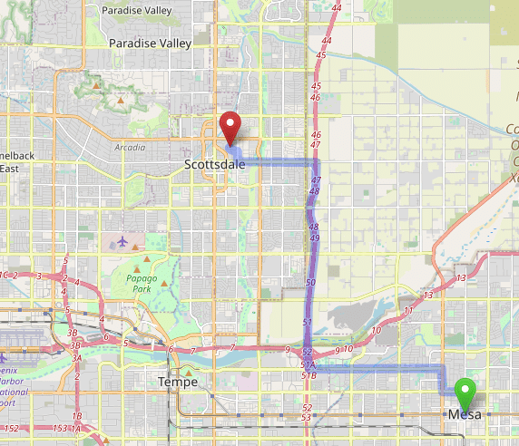 map navigation directions from Mesa AZ to Gallus Detox Scottsdale