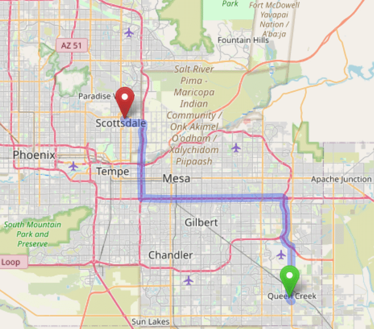 map navigation directions from Queen Creek AZ to Gallus Detox Scottsdale