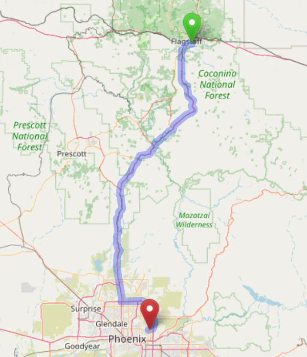 map navigation directions from Flagstaff AZ to Gallus Detox Scottsdale