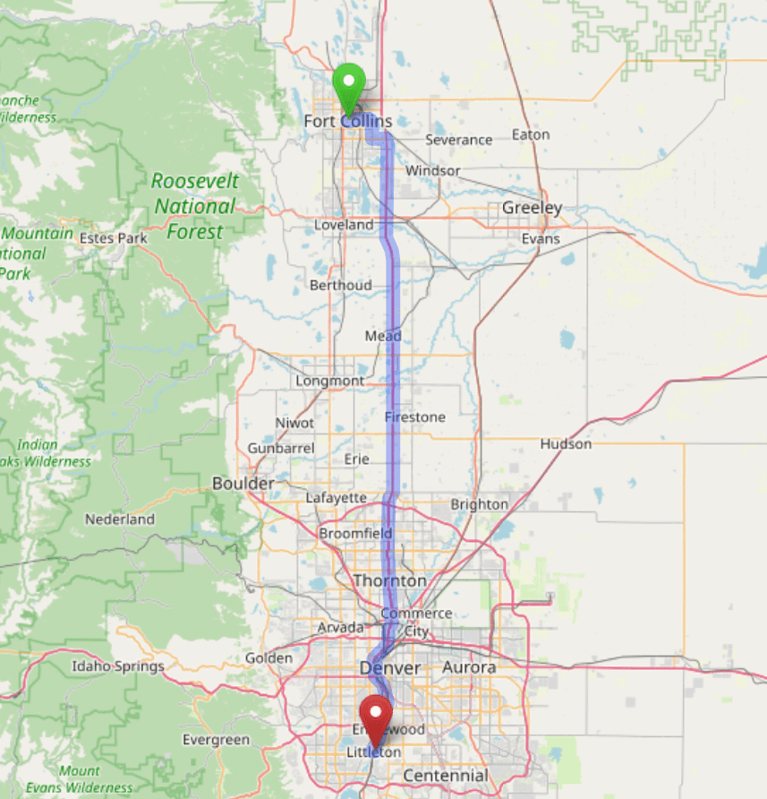 map navigation directions from Fort Collins to Gallus Detox Littleton CO