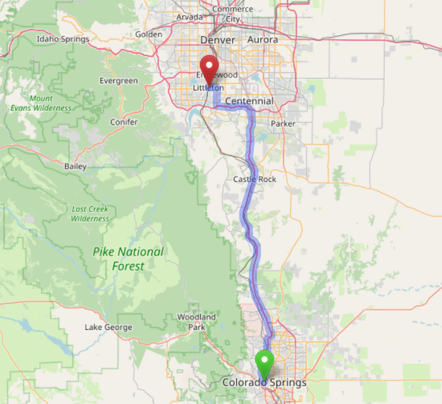map navigation directions from Colorado Springs to Gallus Detox Littleton CO
