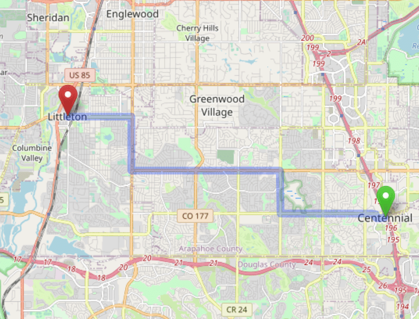 map navigation directions from Centennial to Gallus Detox Littleton CO