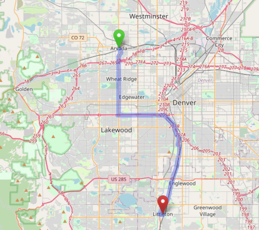 map navigation directions from Arvada to Gallus Detox Littleton CO