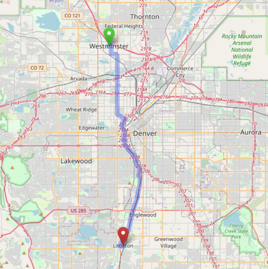 map navigation directions from Westminster to Gallus Detox Littleton CO