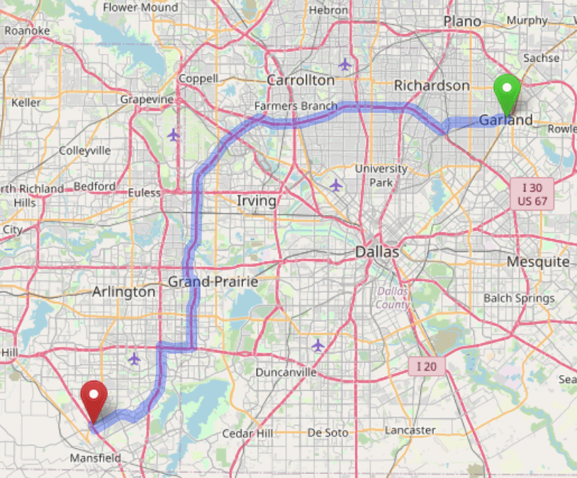 map navigation directions from Garland to Gallus Detox Mansfield Texas