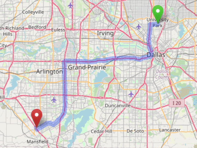 map navigation directions from University Park to Gallus Detox Mansfield Texas