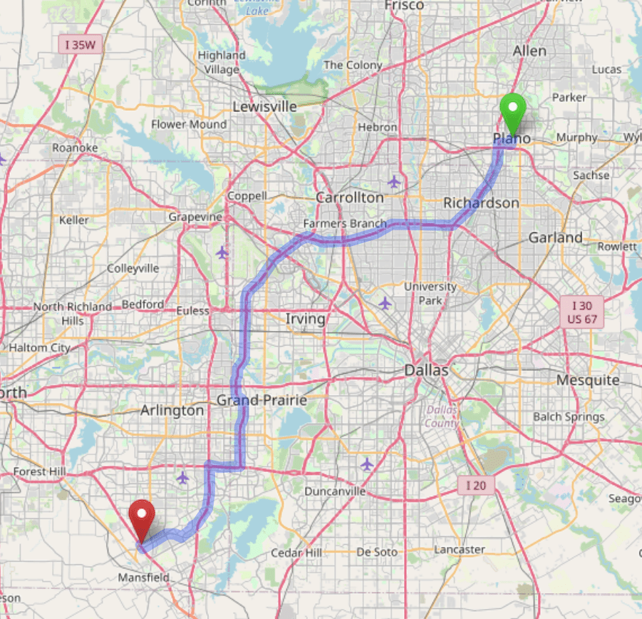 map navigation directions from Plano to Gallus Detox Mansfield Texas