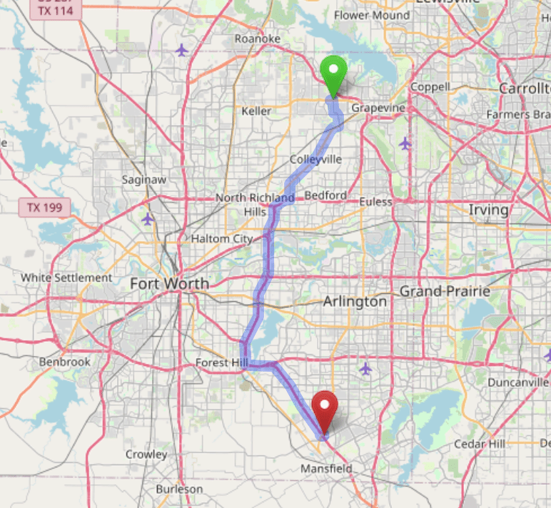 map navigation directions from Southlake to Gallus Detox Mansfield Texas