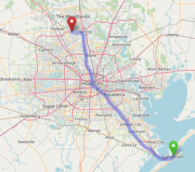 map navigation directions from Galveston to Gallus Detox Houston Texas