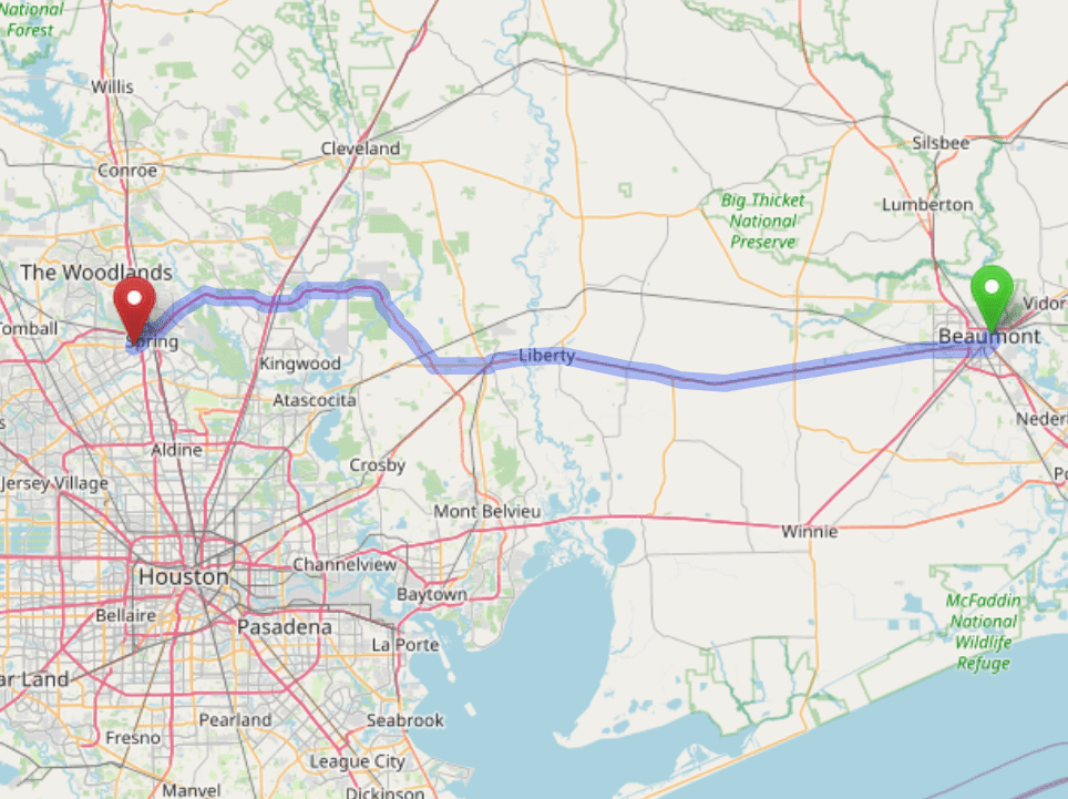 map navigation directions from Beaumont to Gallus Detox Houston Texas