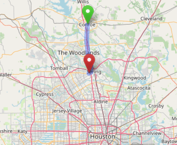 map navigation directions from Conroe to Gallus Detox Houston Texas