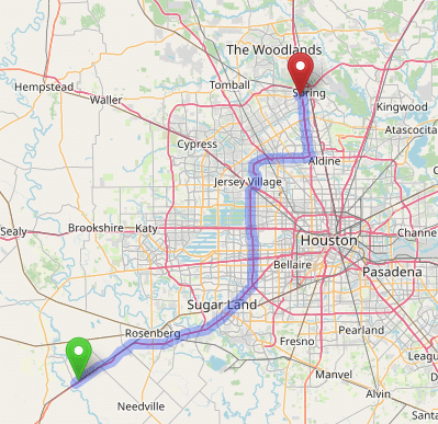 map navigation directions from Kendleton to Gallus Detox Houston Texas