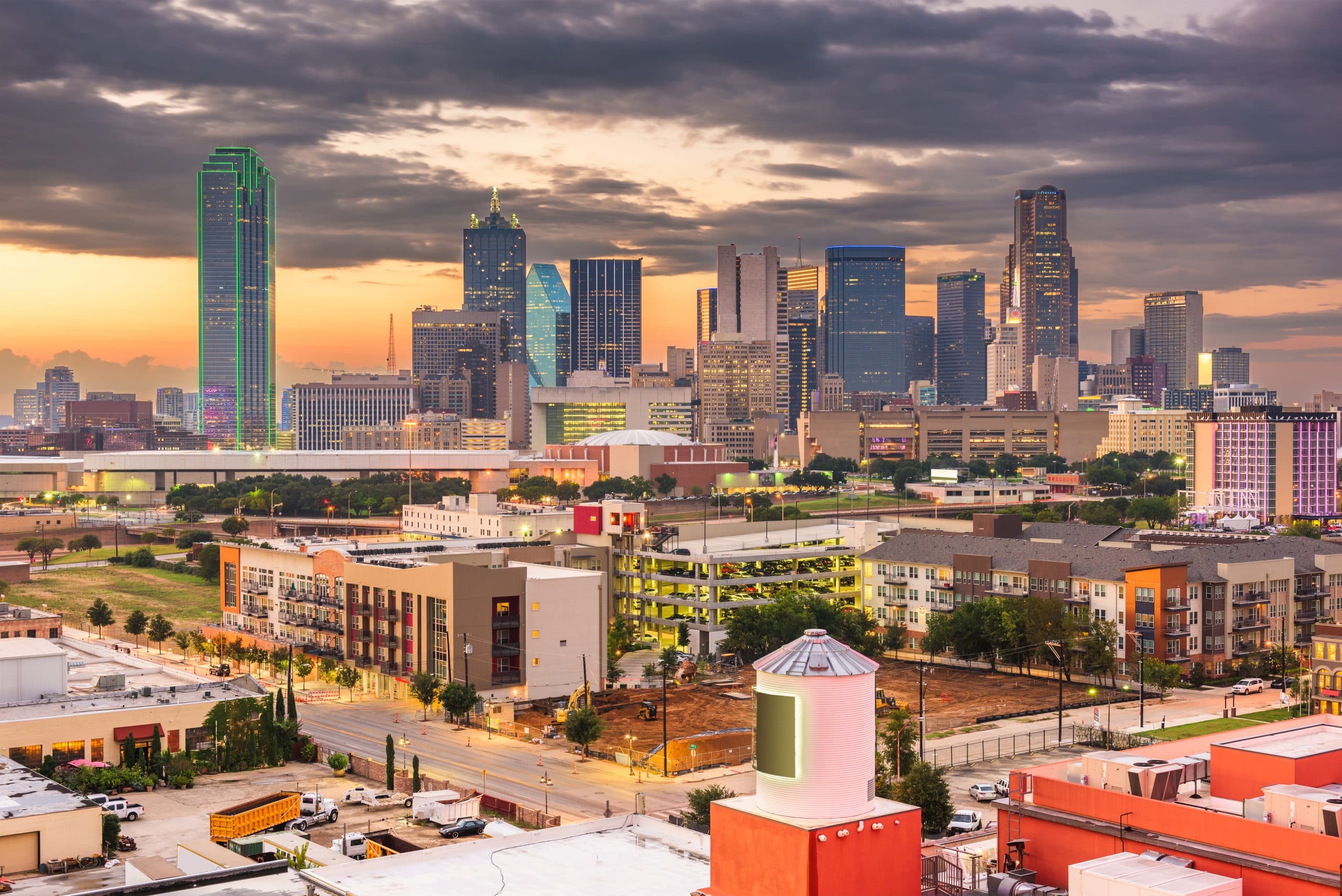 Dallas, Texas, USA downtown city skyline at dusk.