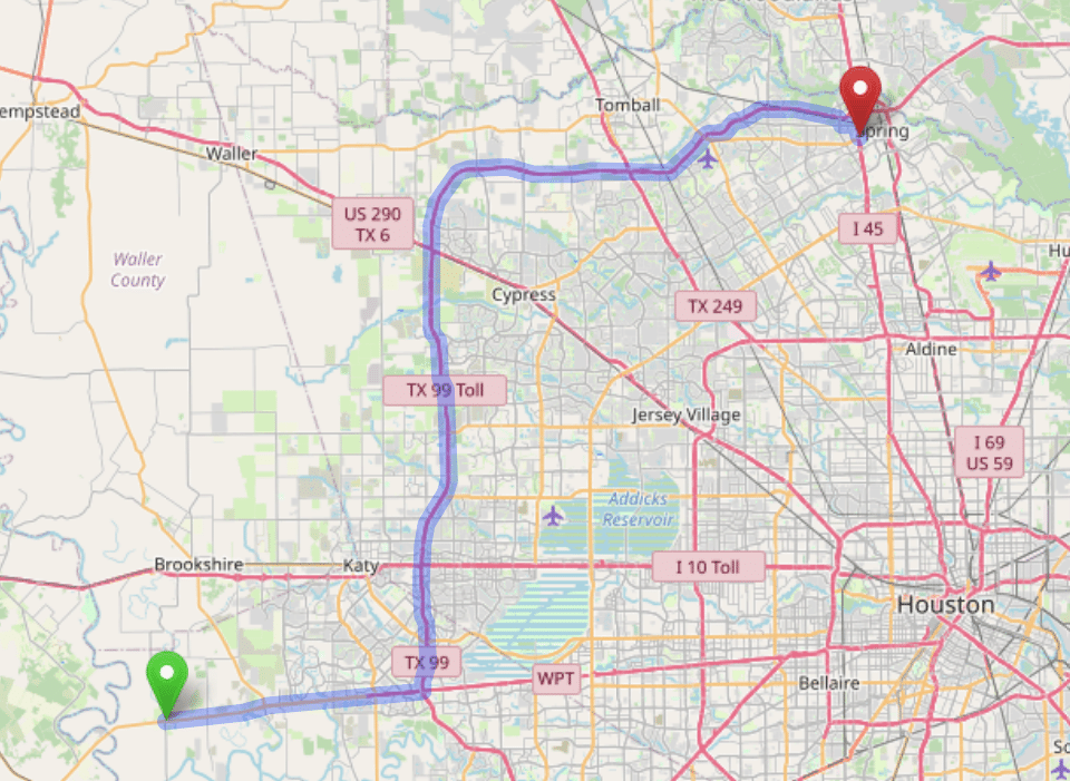 map navigation directions from Simonton to Gallus Detox Houston Texas