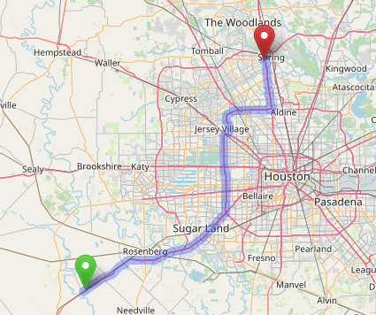 map navigation directions from Kendleton to Gallus Detox Houston Texas