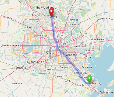 map navigation directions from Galveston to Gallus Detox Houston Texas