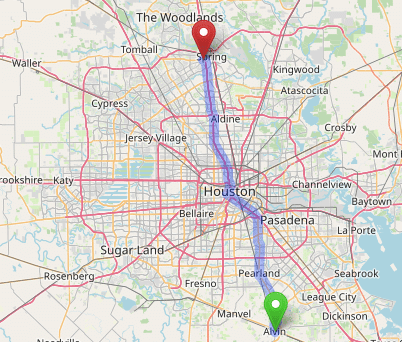 map navigation directions from Alvin to Gallus Detox Houston Texas