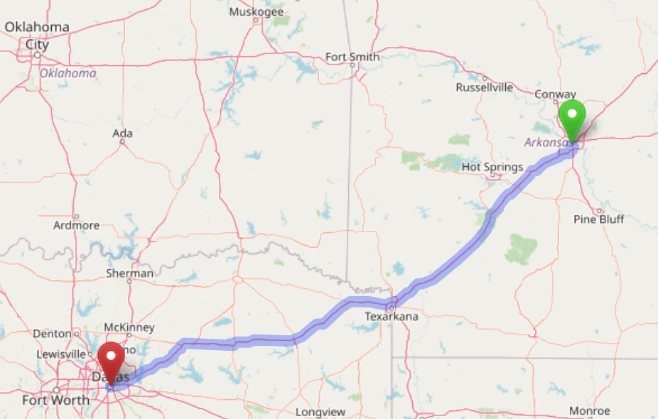 map navigation directions from Hot Springs, Arkansas to Gallus Detox Dallas