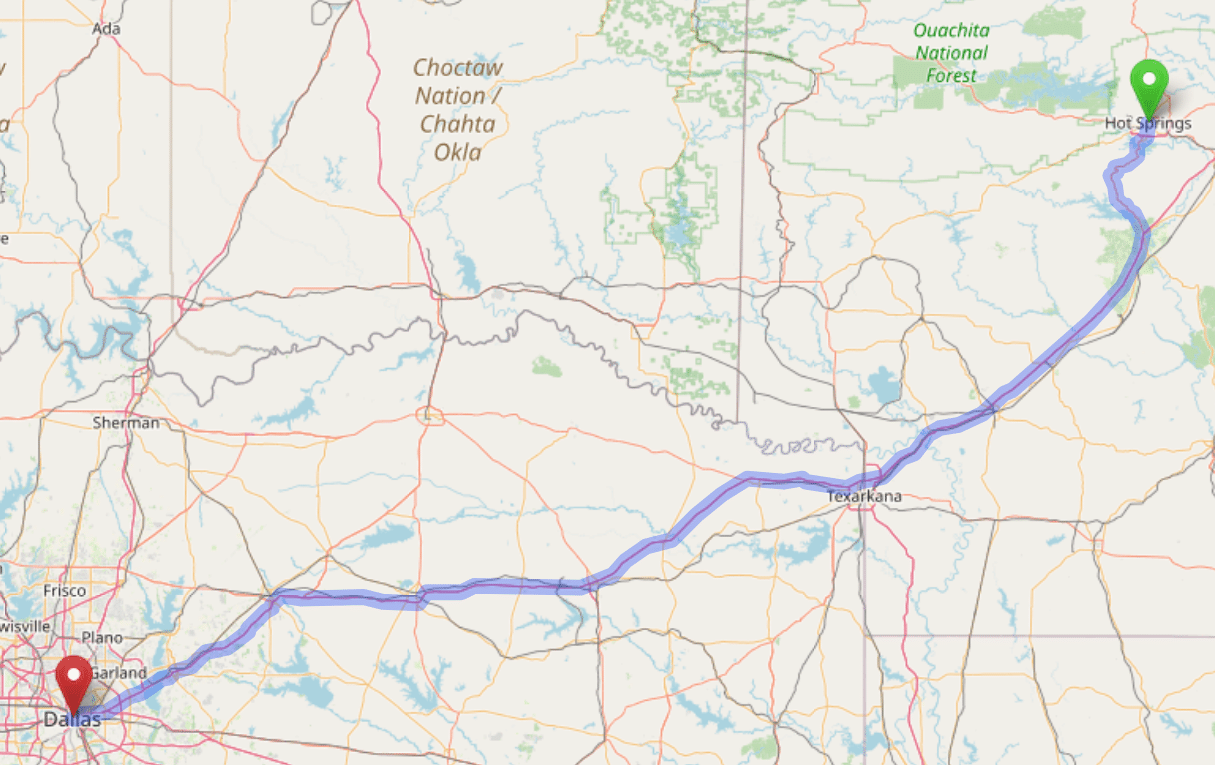 map navigation directions from Little Rock, Arkansas to Gallus Detox Dallas