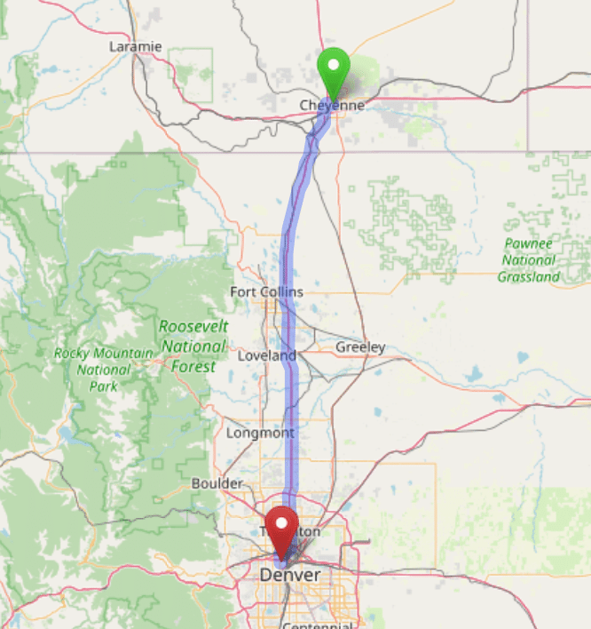 map navigation directions from Cheyenne Wyoming to Gallus Detox Denver