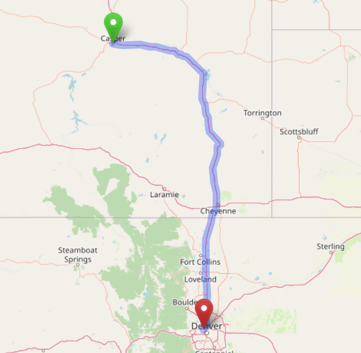 map navigation directions from Casper Wyoming to Gallus Detox Denver