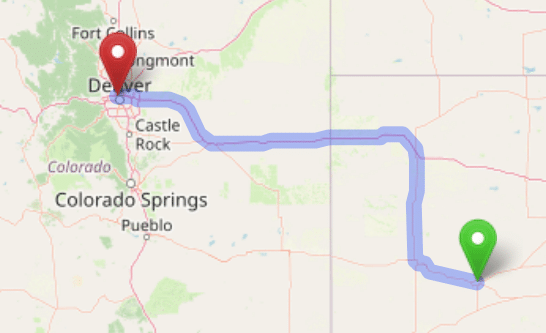 map navigation directions from Dodge City to Gallus Detox Denver