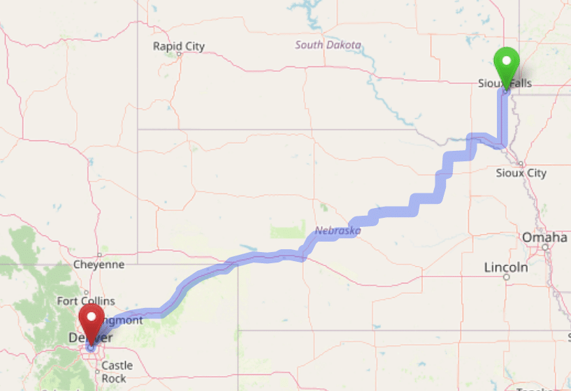 map navigation directions from Sioux Falls to Gallus Detox Denver