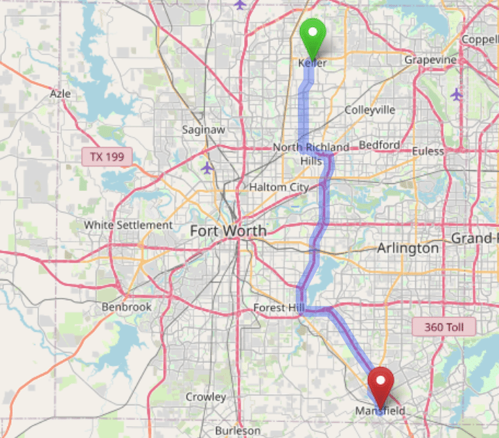 map navigation directions from Keller Texas to Gallus Detox Dallas