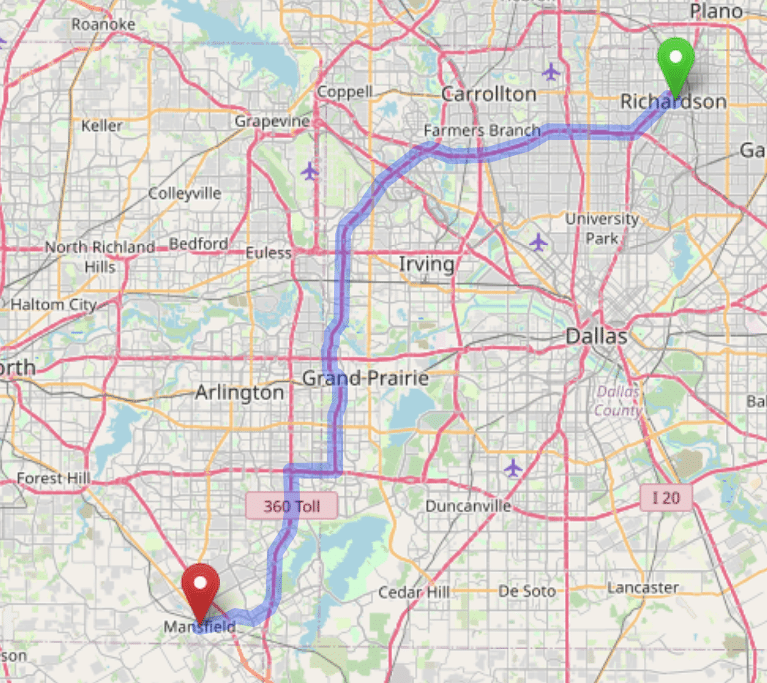 map navigation directions from Richardson Texas to Gallus Detox Dallas