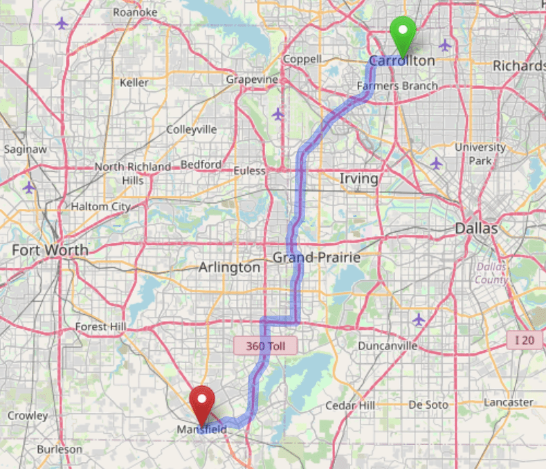 map navigation directions from Carrollton Texas to Gallus Detox Dallas