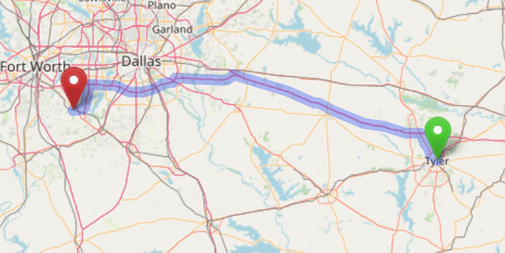 map navigation directions from Tyler Texas to Gallus Detox Dallas