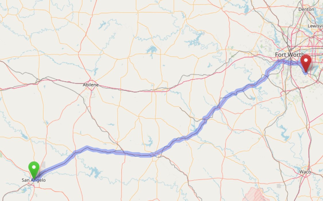 map navigation directions from San Angelo Texas to Gallus Detox Dallas