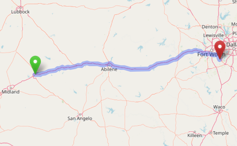 map navigation directions from Odessa Texas to Gallus Detox Dallas