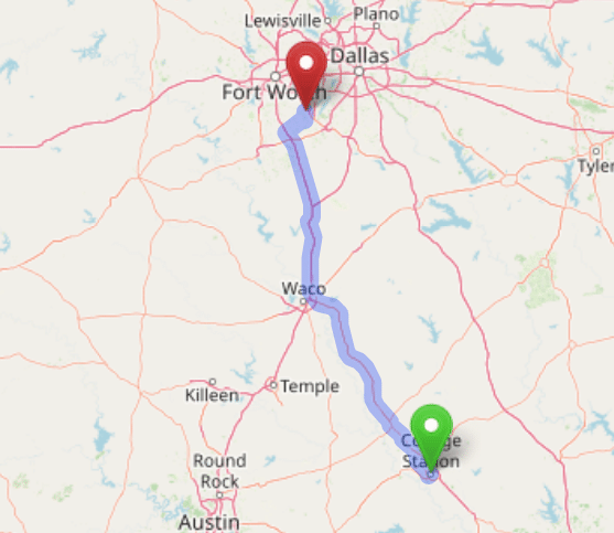 map navigation directions from College Station Texas to Gallus Detox Dallas