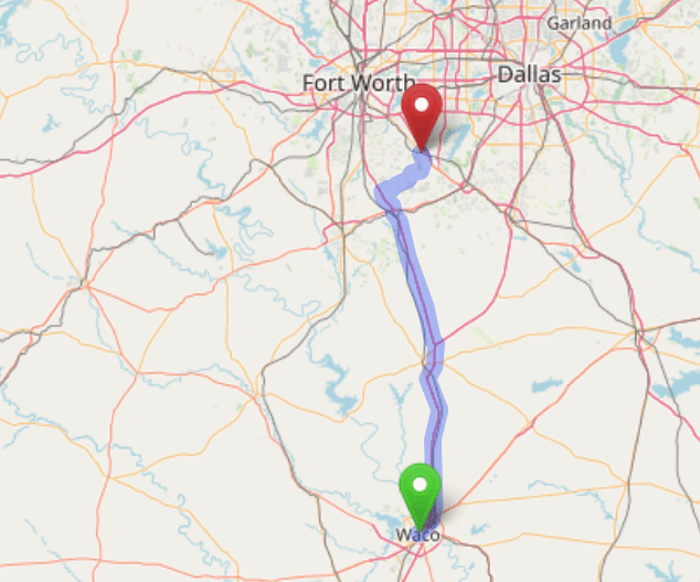 map navigation directions from Waco Texas to Gallus Detox Dallas