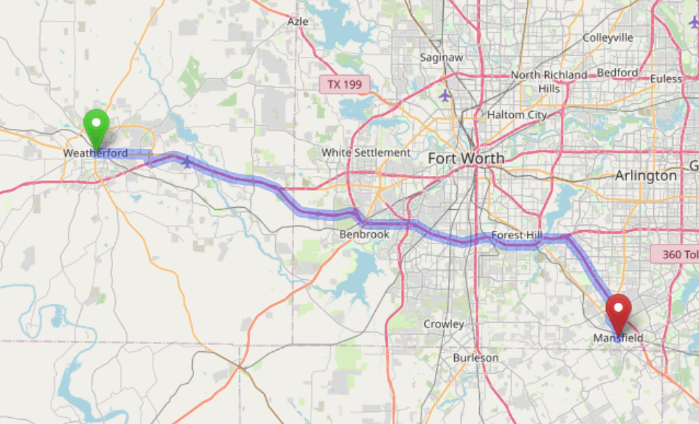 map navigation directions from Weatherford Texas to Gallus Detox Dallas