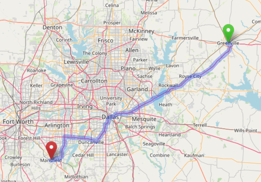map navigation directions from Greenville Texas to Gallus Detox Dallas