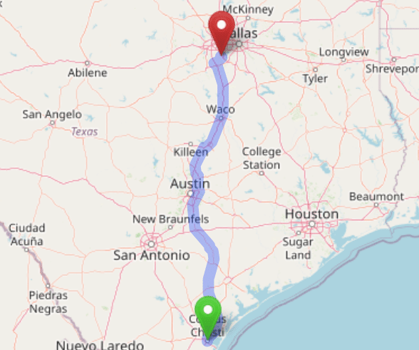 map navigation directions from Corpus Christi Texas to Gallus Detox Dallas