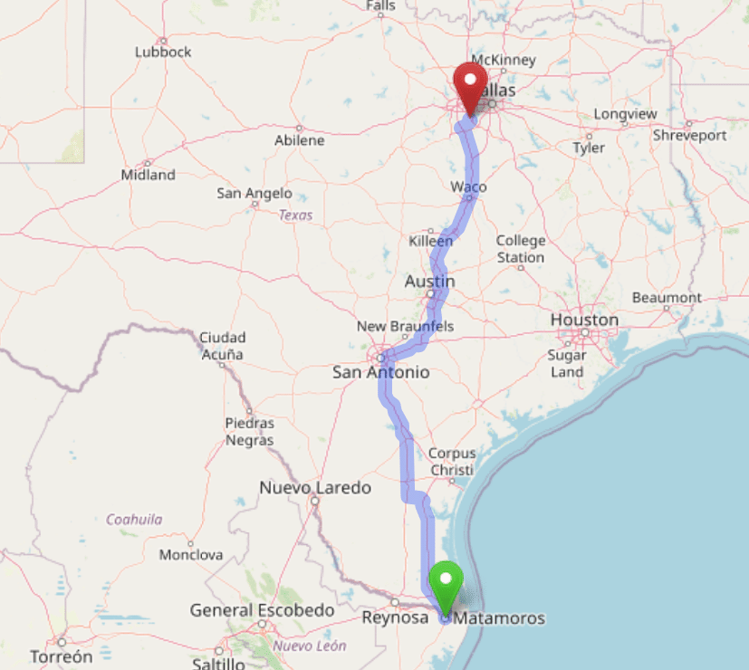 map navigation directions from Brownsville Texas to Gallus Detox Dallas