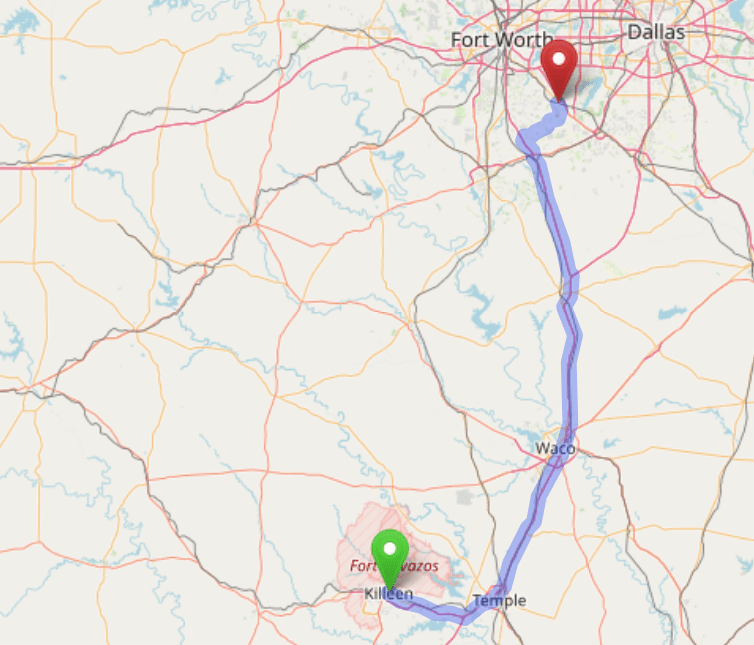 map navigation directions from Killeen Texas to Gallus Detox Dallas