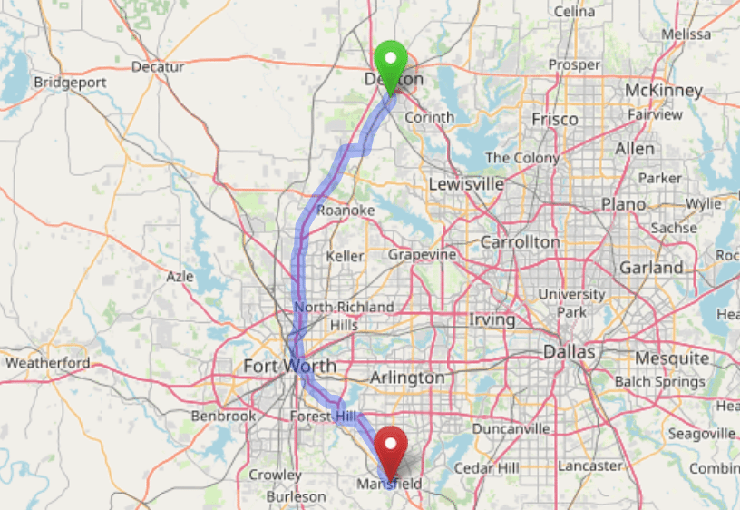map navigation directions from Denton Texas to Gallus Detox Dallas