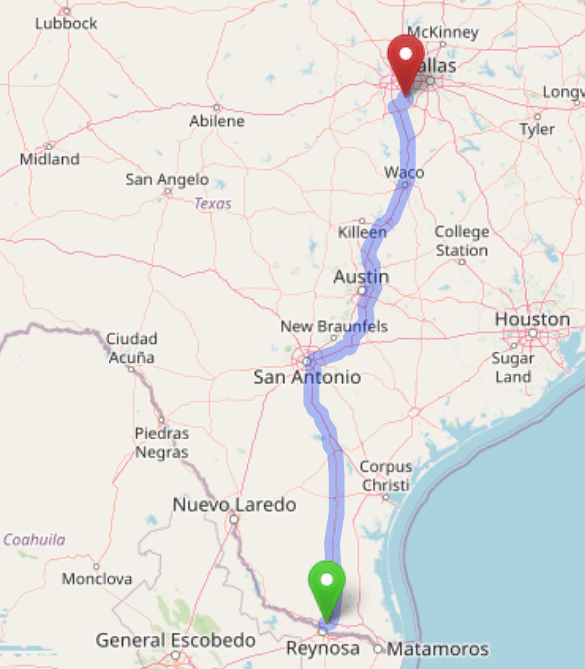 map navigation directions from McAllen Texas to Gallus Detox Dallas