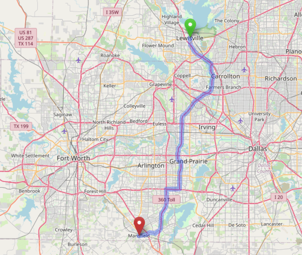 map navigation directions from Lewisville Texas to Gallus Detox Dallas