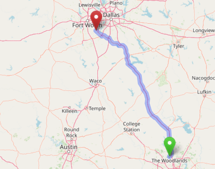 map navigation directions from The Woodlands Texas to Gallus Detox Dallas