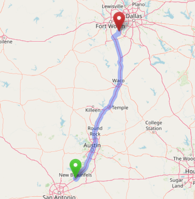 map navigation directions from New Braunfels Texas to Gallus Detox Dallas