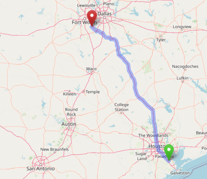 map navigation directions from League City Texas to Gallus Detox Dallas