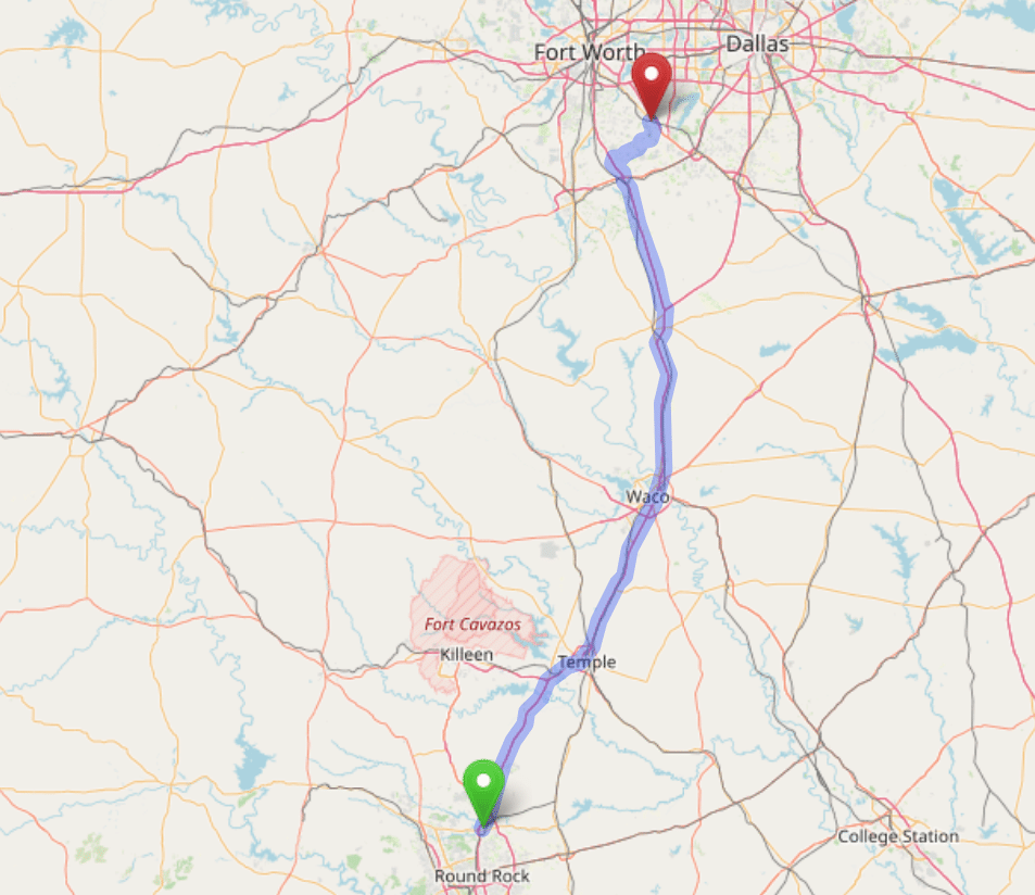 map navigation directions from Georgetown Texas to Gallus Detox Dallas